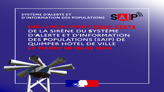 Infographie d'information du déclenchement pour test de la sirène d'alerte située à l'hôtel de ville de Quimper le mardi 26 mars 2024