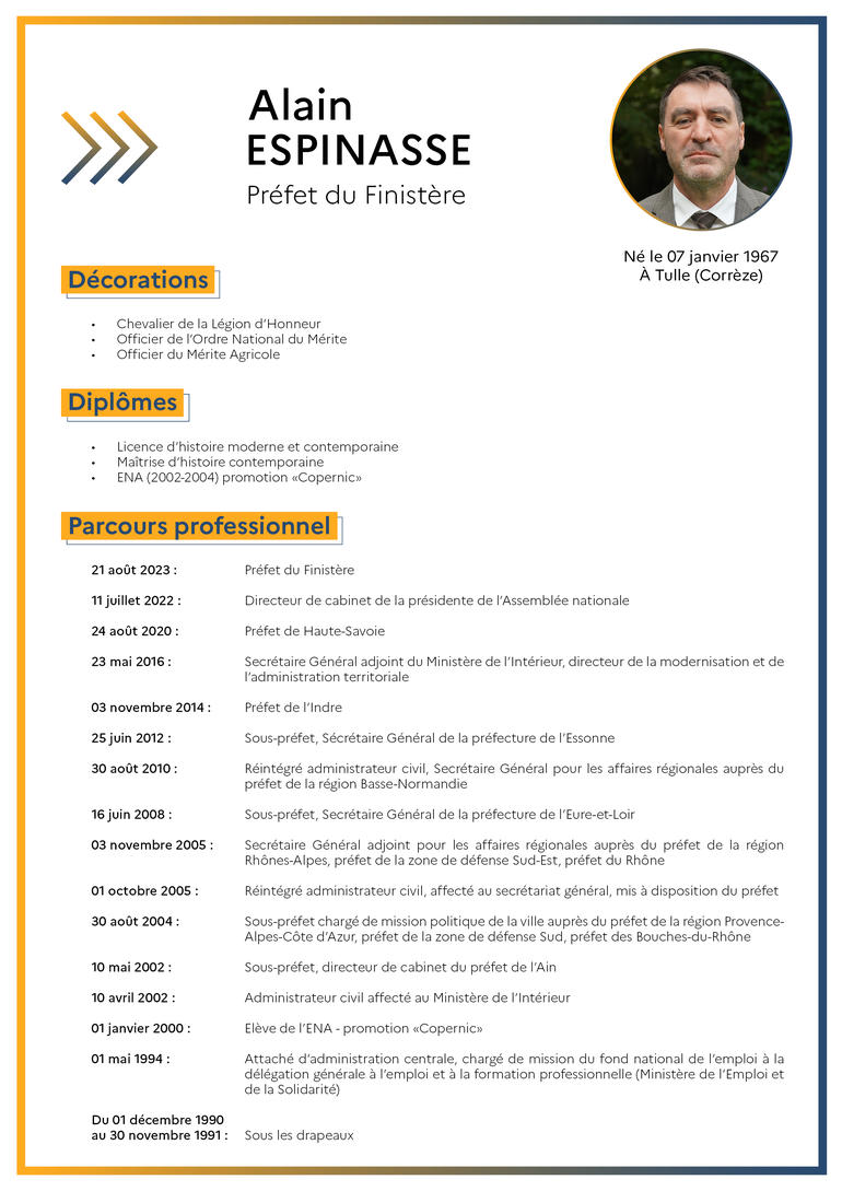 Notice biographique de monsieur Alain Espinasse, préfet du Finistère
